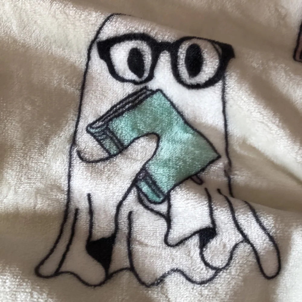 Booville White Soft Throw Blanket with READING GHOSTS Motifs